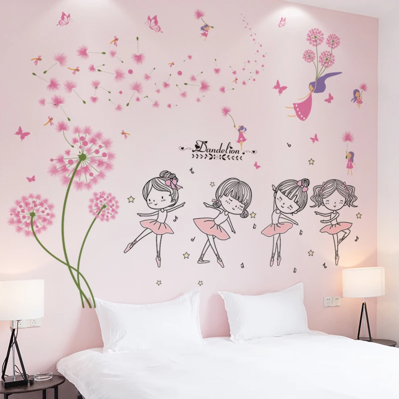 

[SHIJUEHEZI] Cartoon Ballet Girl Dancer Wall Stickers DIY Dandelion Flowers Wall Decals for Kids Room Baby Bedroom Decoration