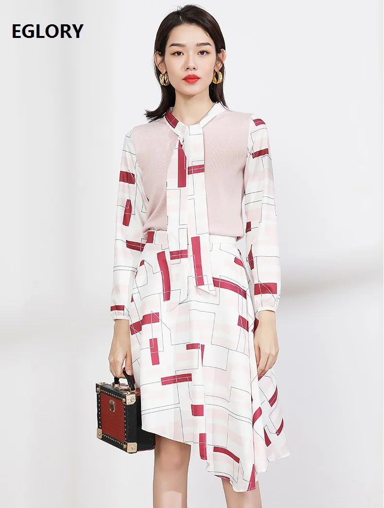 

High Quality Sweater Sets 2021 Spring Summer Skirt Suits Women Bow Collar Knitted Pullovers+Geometric Print Sexy Skirt Sets 2pc