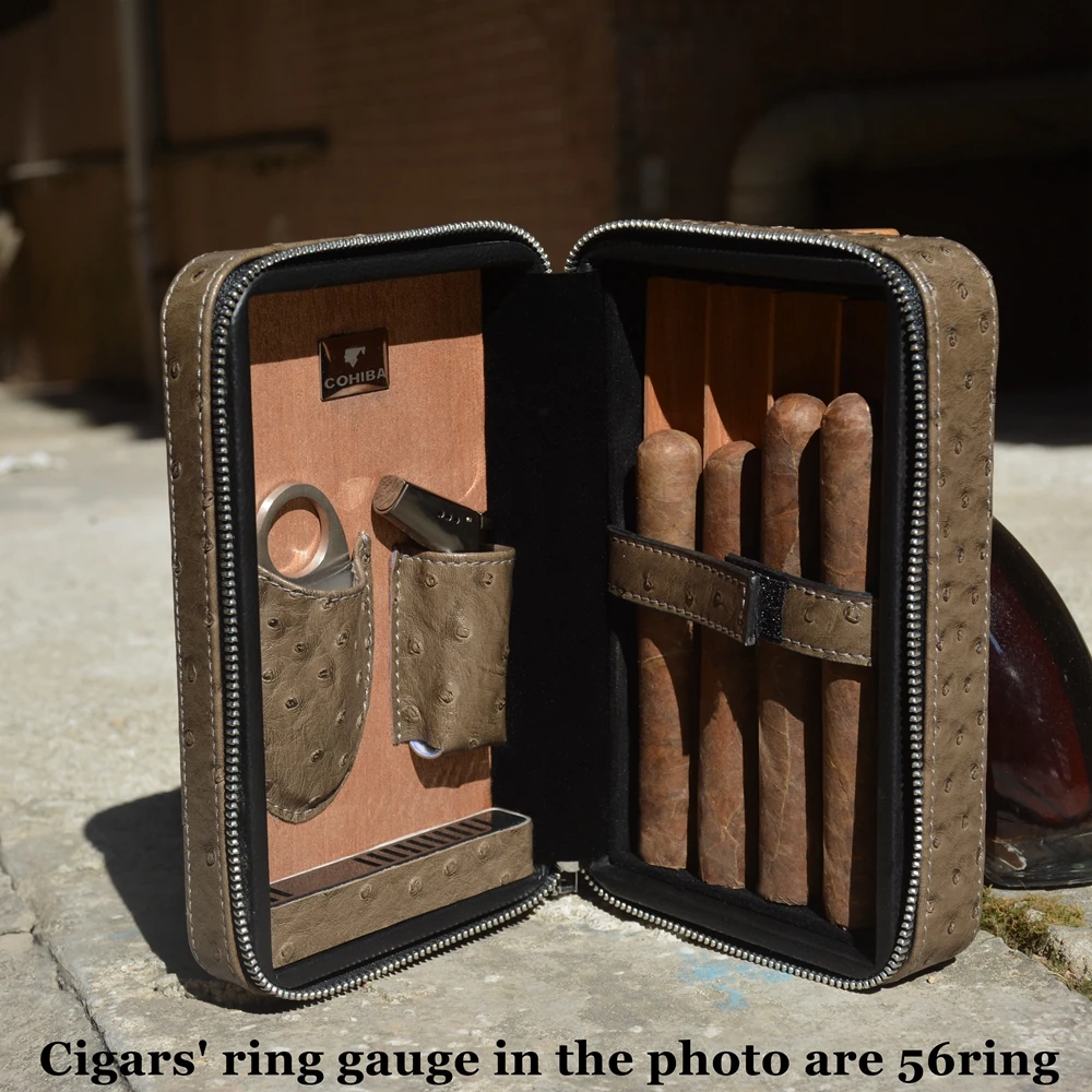 

Grey Ostrich Grain Travel Cigar Humidor COHIBA Fit Cuba Habanos 4 Cigars Max 57ring With Cigar Jet Lighter Cigar Cutter