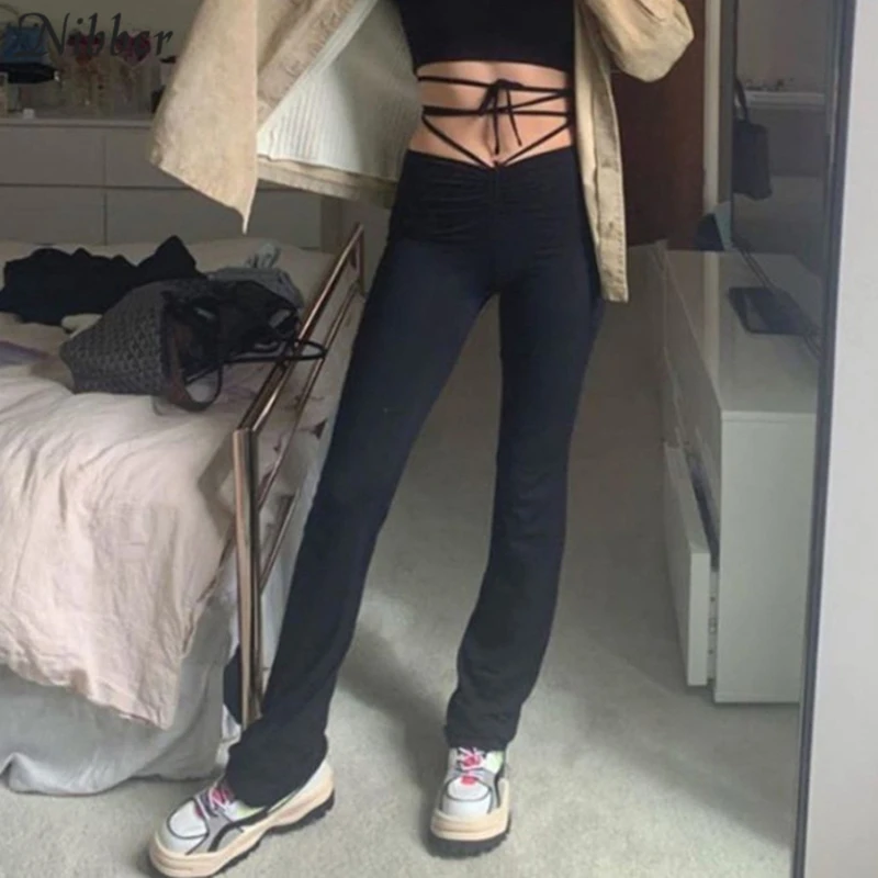 

New style high-waist slim-fit tie trousers streetwear women women
