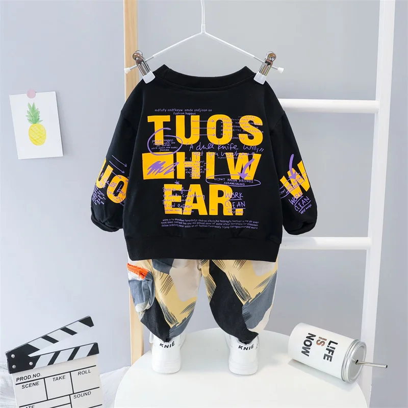 Conjunto de ropa para ni&ntilde;os, jersey de manga larga con estampado de letras y pantal&oacute;n de camuflaje, ch&aacute;ndales infantiles, primavera y oto&ntilde;o, 2 uds., novedad de 2021-2