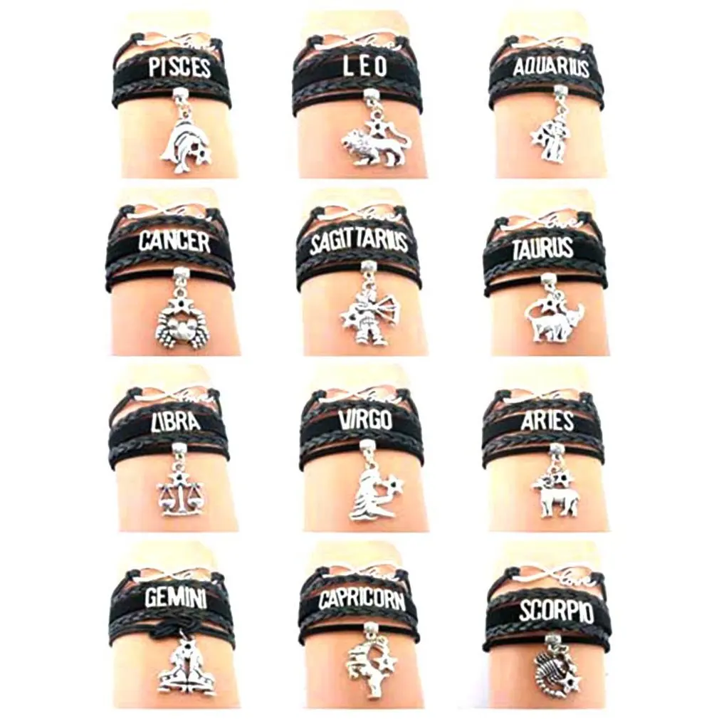 12 Созвездие кожаные браслеты унисекс Знак зодиака ручной работы Винтаж