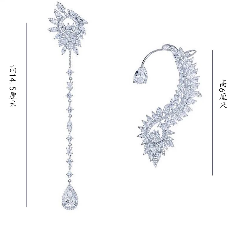 Женские асимметричные серьги клипсы с серебряным цирконием очаровательные