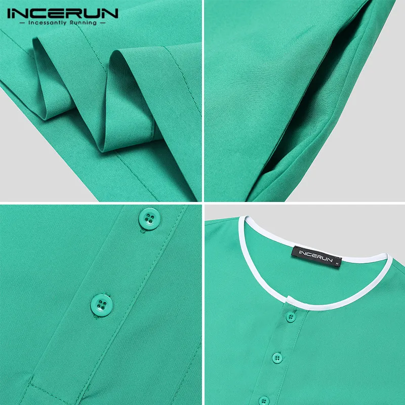 

Men Long Sleeve Round Indian Saudi Clothing INCERUN Vintage Pockets Muslim Shirts Men Leisure Buttons Arabic Islamic Chemise 5XL