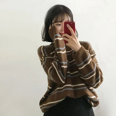 

Korean Striped Knitted Sweaters Pullovers Women 2020 Autumn Winter Long Sleeve O-neck Loose Casual Fashion Tops Sweaters Femme