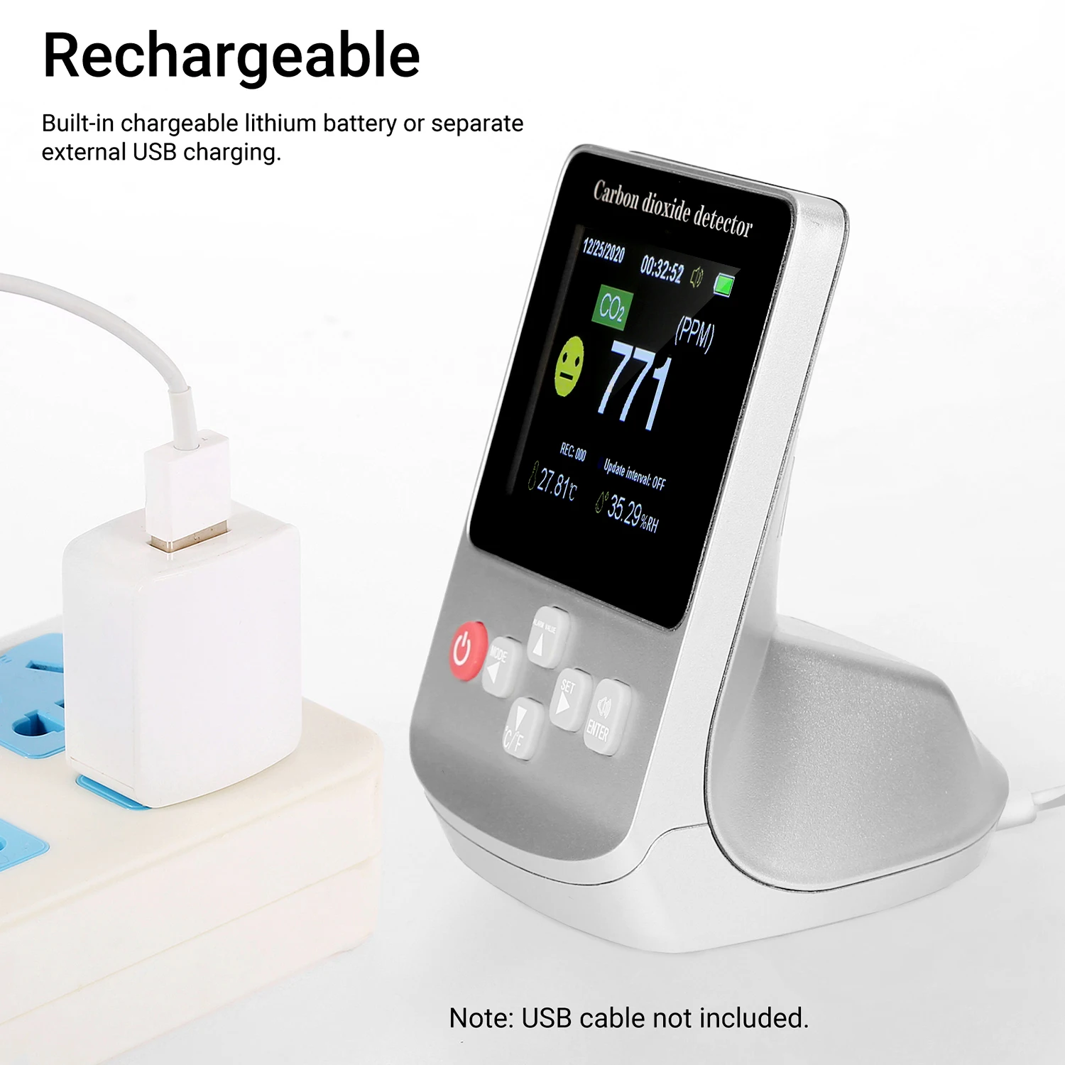 Перезаряжаемый тестер CO2/Temp/RH монитор качества воздуха с датчиком температуры и