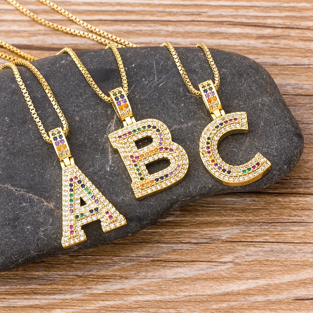  - NIdin New Fashion Luxury A-Z 26 Letters Necklace Rainbow CZ Pendant for Women Initials Family Name Party Wedding Jewelry Gifts