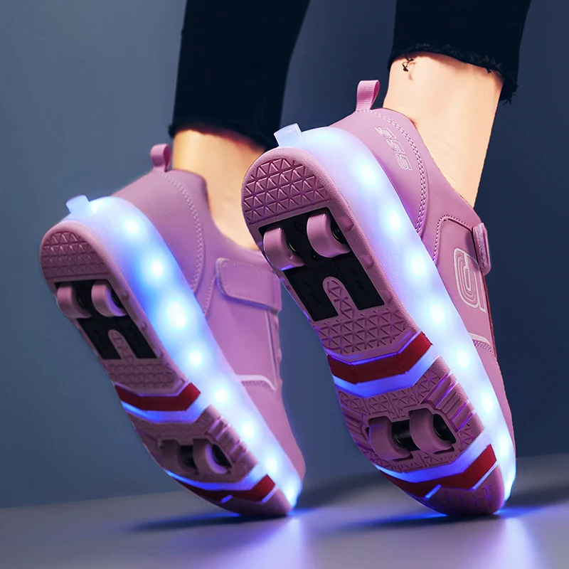 Roller Sneakers 4 Wheels Children Kids Girls Boys Babys 2021 Gift Fashion Sports Casual Led Light Flashing Running Skate Shoes | Детская