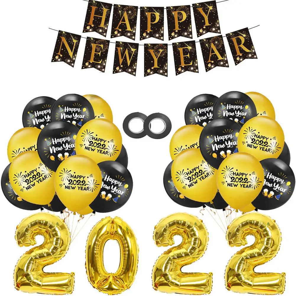 

2022 New Year Party Set 2022 Balloons Party Set Happy New Year Flag Pulling Aluminum Film Balloon New Year's Eve Party Decorat