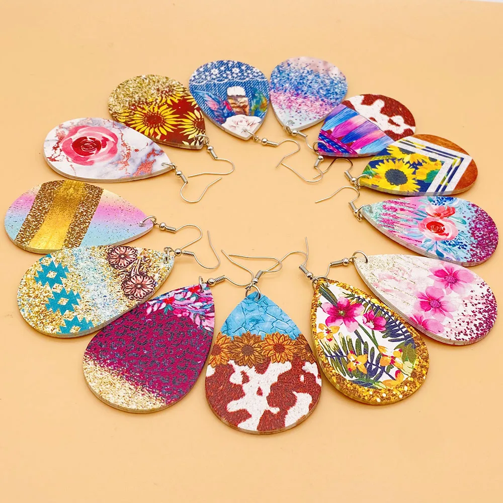 

Faux Teardrop Leopard Leather Earrings Flower Print Rainbow Lightweight Drop Earrings Jewelry for Women Gift