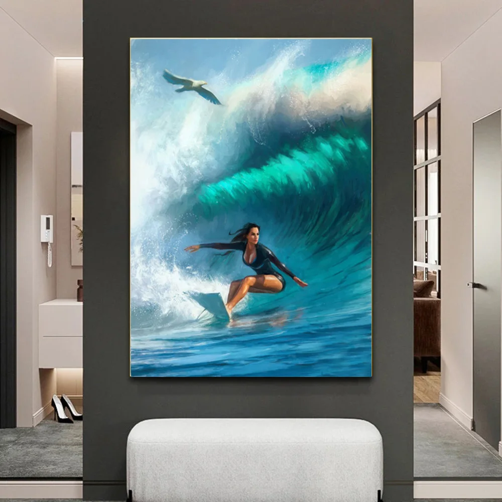 

Canvas Painting Sexy Woman Wall Art Surfing in The Sea Posters and Prints Pictures for Modern Living Room Home Decor Cuadros