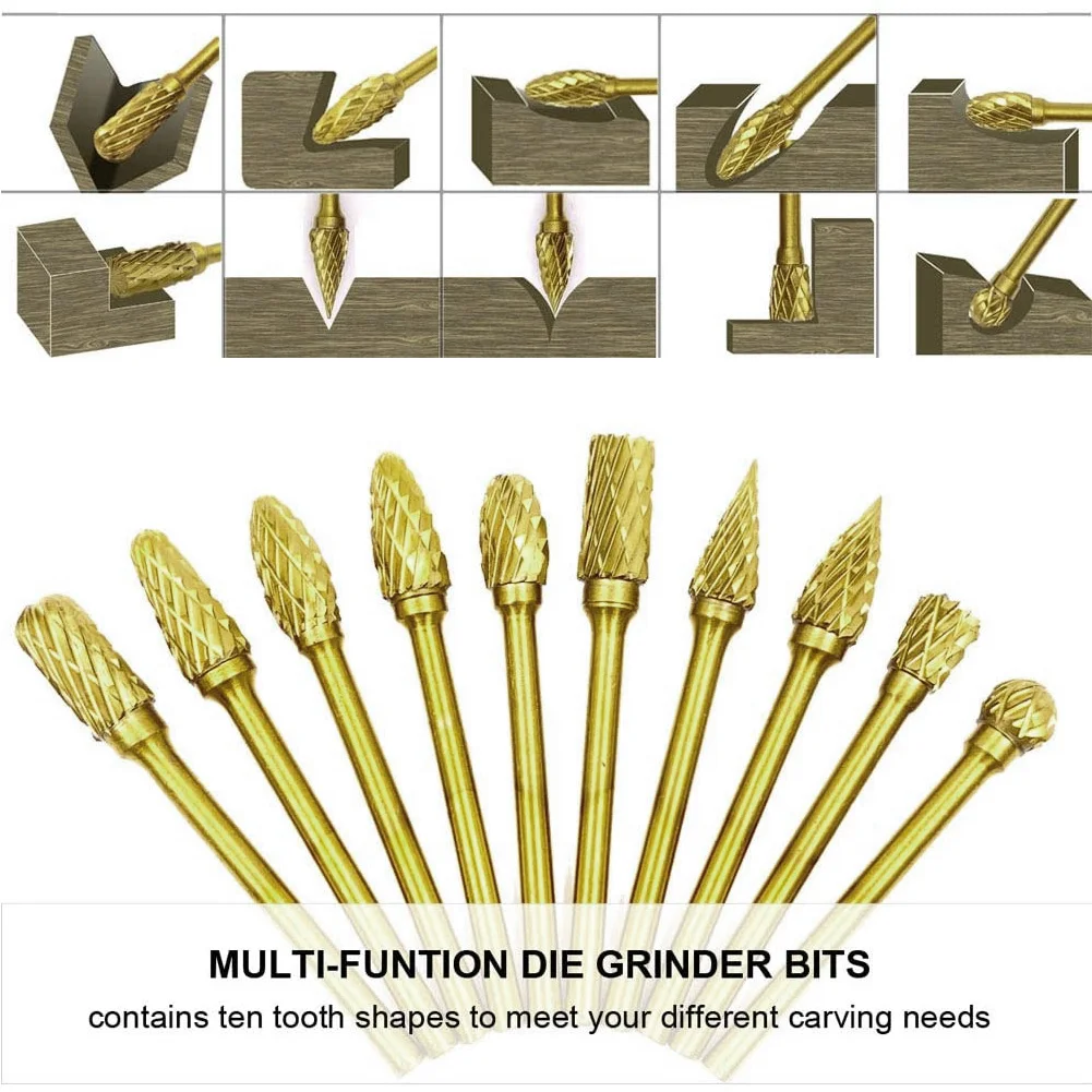 

10pcs/Set Rotary Burr Set Titanium Carbide Drilling Grinder Bits Tungsten Steel For Woodworking Craving Engraving Polishing