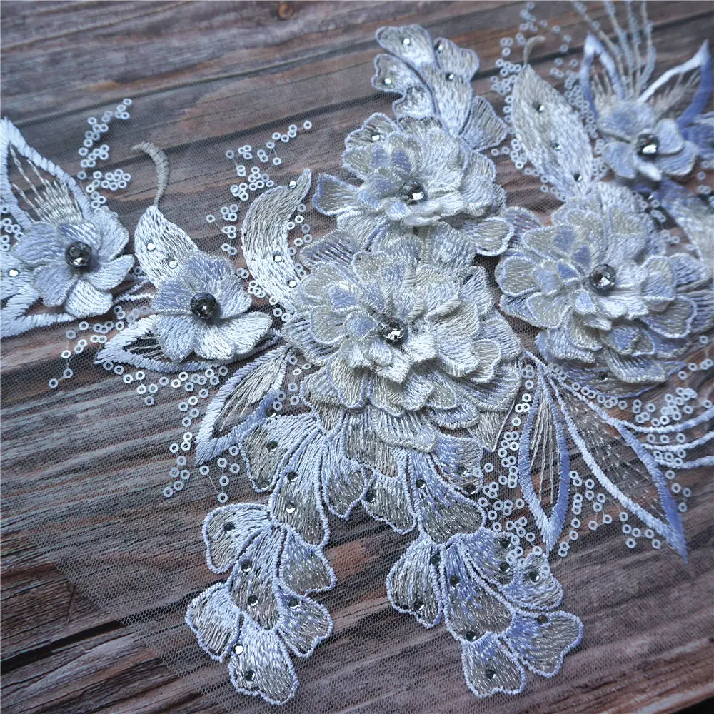 Белые 3D Цветочные Блестки Стразы вышитые платья аппликации воротник сетчатые