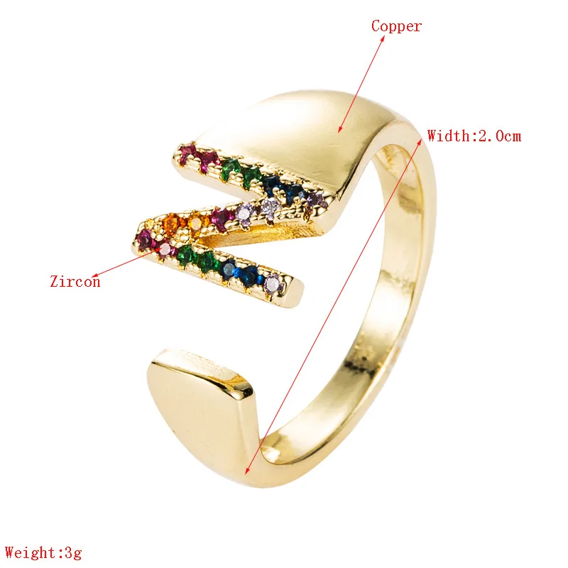 

Hot Sale Adjustable A-Z Initial Ring Bohemian Copper Zircon Rainbow Letter Ring for Women Girls Party Wedding Jewelry Gift