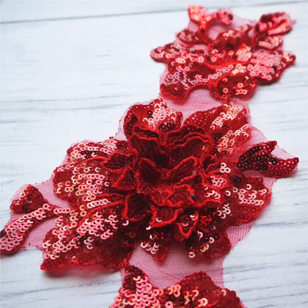 Красный цветок блесток кружева ткань воротник вышитое платье Аппликации сетки