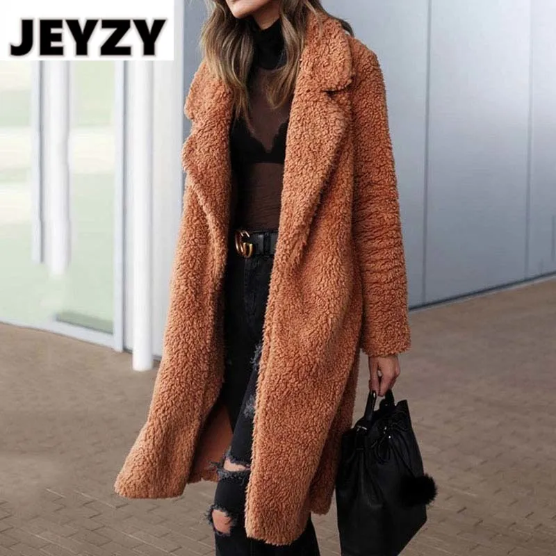 

Autumn Winter Faux Fur Long Coats Woman 2021 Fashion Warm Teddy Bear Jacket Female Fur Plush Solid Color High Street Outwear