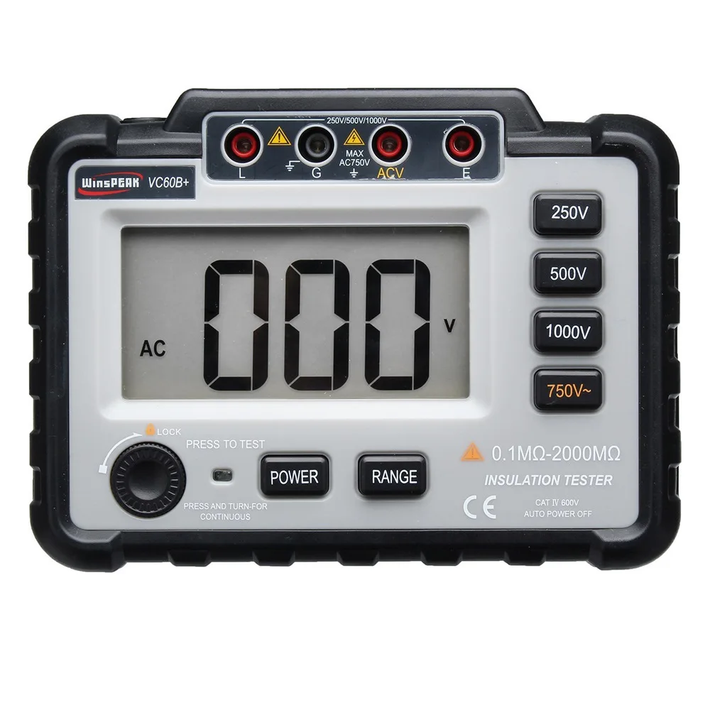 

VC60B+ Digital Insulation Resistance Tester 250/500/1000V DC Lightweight Wide Range LCD Backlight Megger MegOhm Meter