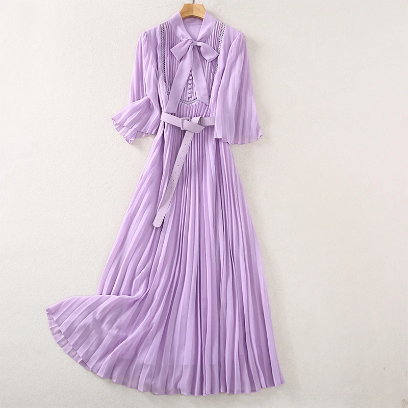 

Женское шифоновое плиссированное платье, модельное дизайнерское платье высокого качества с бантом на воротнике, лето 2021