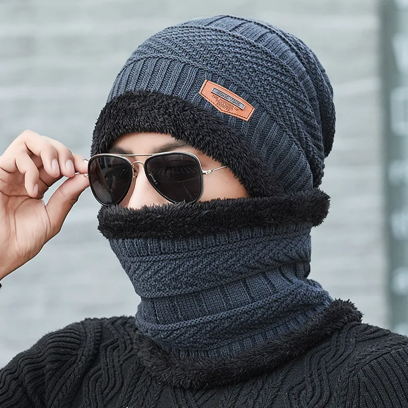 

Coral Fleece Thicken Knitting Winter Men's Hat Soft Warm Balaclava Double Layer Cap Scarf Women's Beanie Hats Streetwear