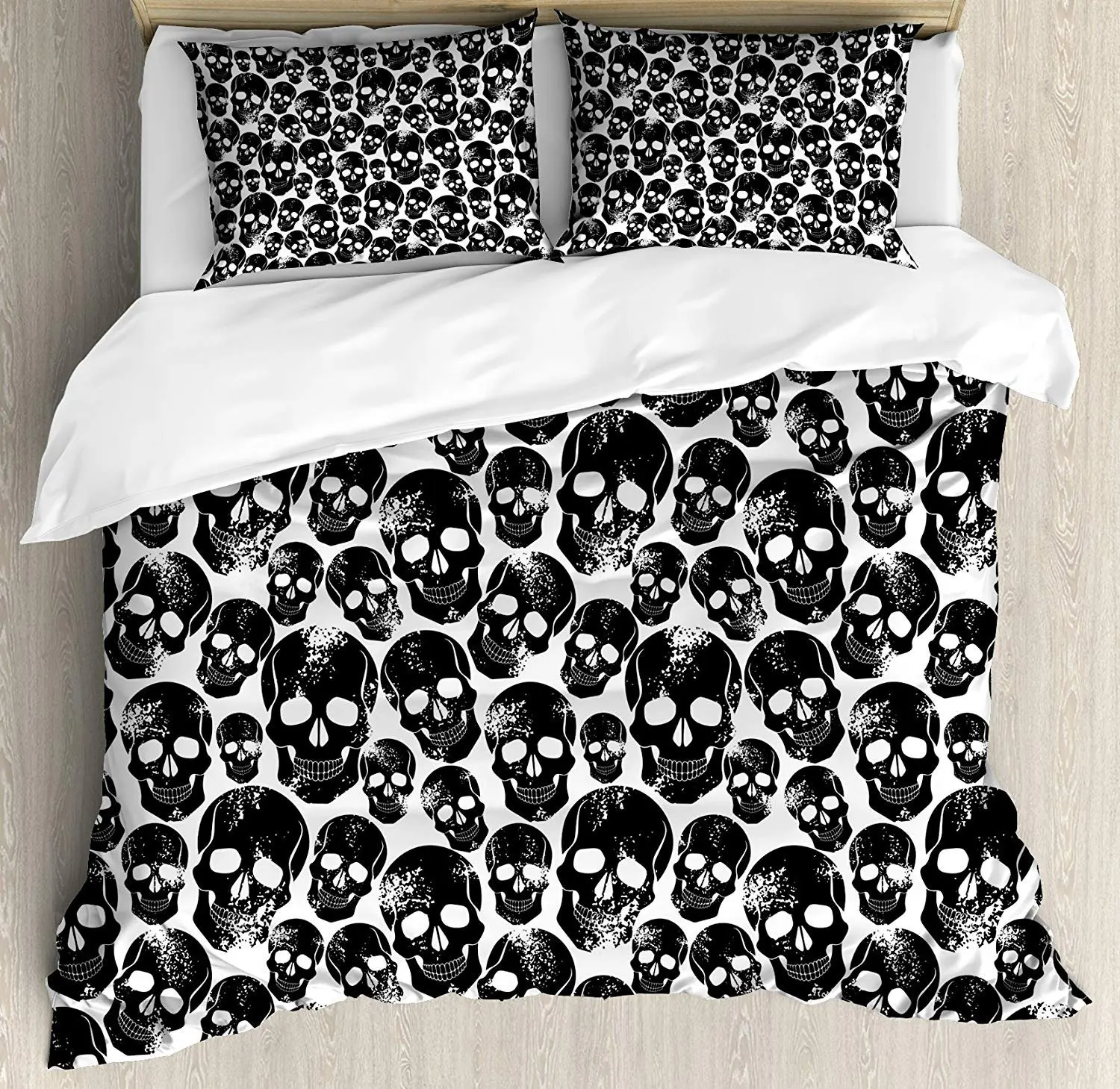 

Gothic Bedding Set Grunge Black Human Skulls on White Backdrop Evil Men Fear Horror Death Skeleton Duvet Cover Pillowcase