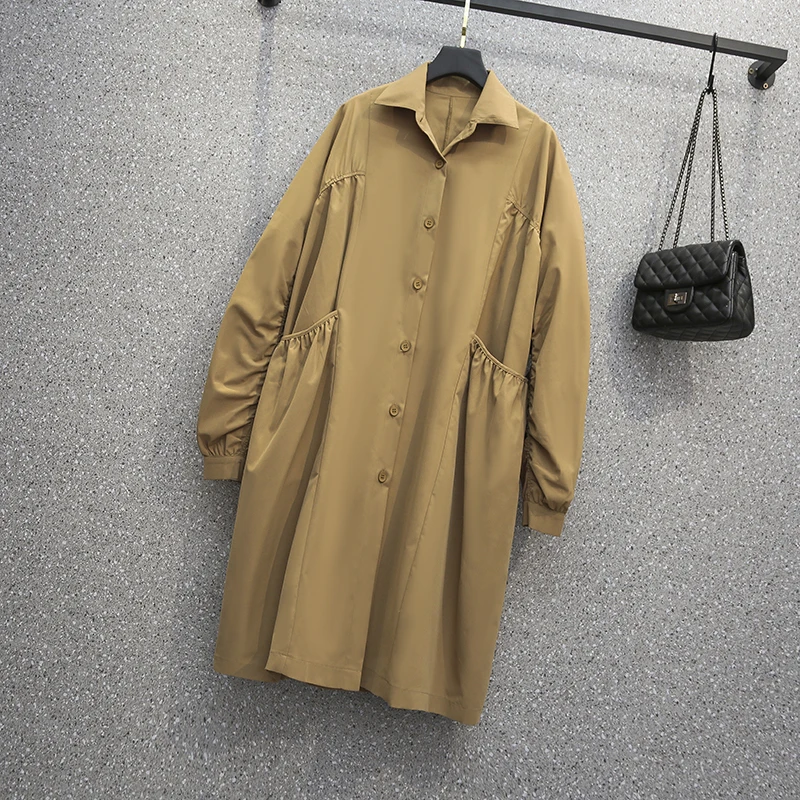 

Женское Повседневное платье-рубашка, свободное асимметричное плиссированное платье цвета хаки с высокой талией, на осень, размера плюс