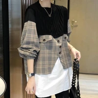 knit blouse fashion shirt ewq autumn plaid loose long sleeved minimalist neck pullover 8q649 round patchwork office lady fash