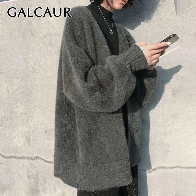 

GALCAUR Apricot Sweater For Women V Neck Long Sleeve Solid Minimalist Casual Cardigan Female Korean Fashion Clothing 2021 New