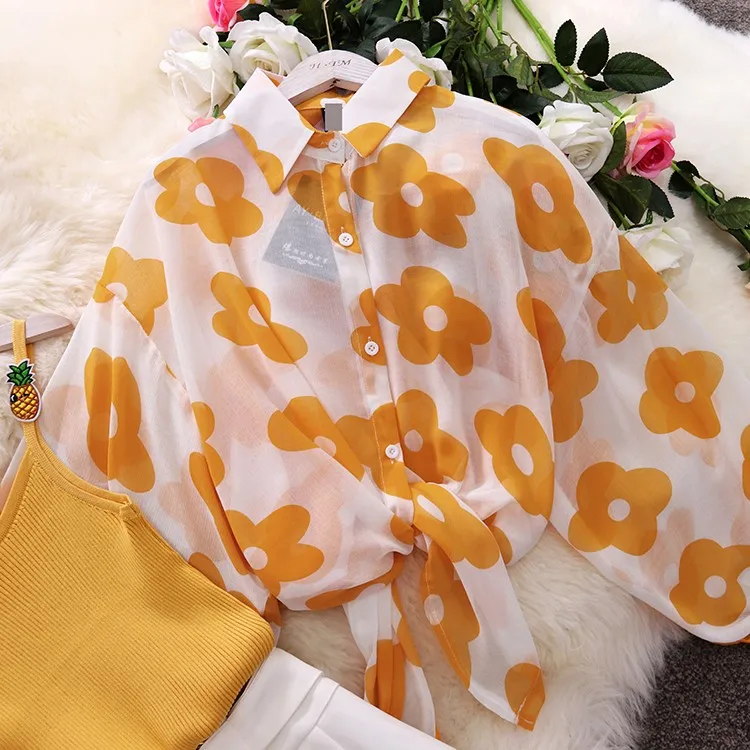 3 предмета в комплекте женские свободные с цветочным принтом шифоновая рубашка