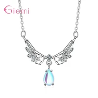 genuine 925 sterling silver elegant charms angel wings bright waterdrop opal pendant necklace for women girls fashion jewelry