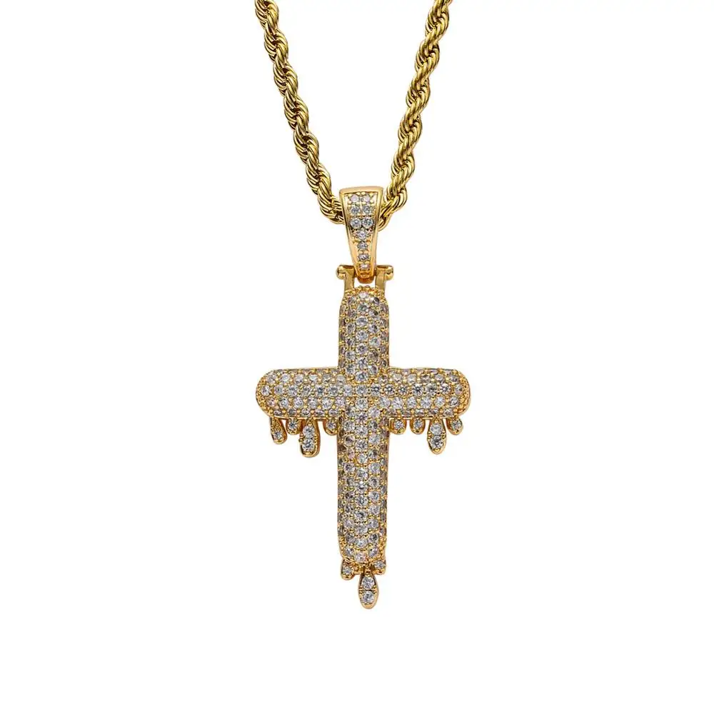 Hip Hop AAA CZirconia Paved Bling Iced Out Water Drop Cross Pendants Necklace for Women Men Rapper Jewelry Gold Silver Color