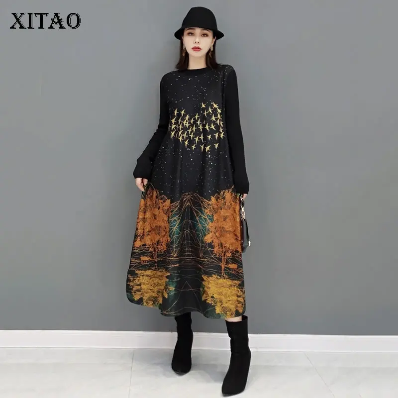 

XITAO/Платье с принтом; Новинка; Модный женский пуловер; Маленький свежий пуловер с длинными рукавами; Коллекция 2021 года; Сезон зима-осень; Плат...