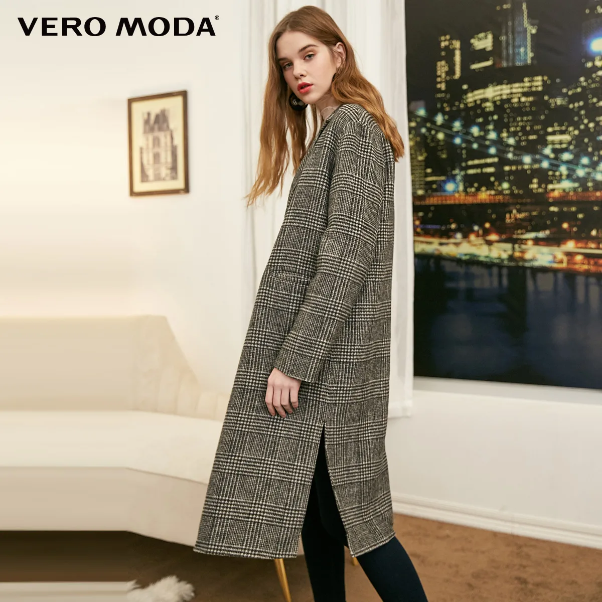 Vero Moda осень зима шерсть плед длинное пальто воротник с отворотами куртка | 318327526