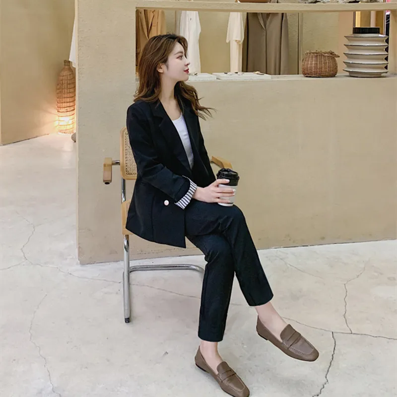 

Women's Suits 2021 Autumn New Women's Temperament Double-breasted Pink Large Size Suit Jacket Casual Feet Pants Set Two-piece