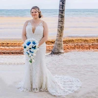 charming summer beach lace sleeveless bridal wedding dresses mermaid v neckline wedding gowns for bride illusion back appliqued