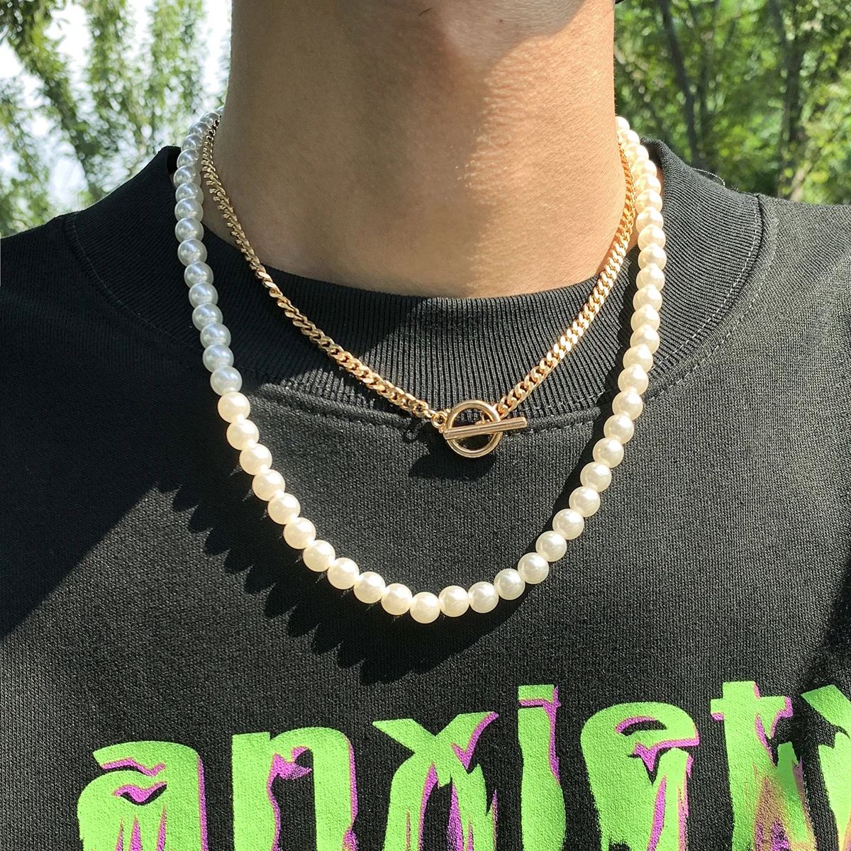 

Sindlan 2Pcs Punk Pearl Gold Chain Pendant Necklace for Men Vintage Fairy Grunge Geometric Set Couple Emo Fashion Jewlery Collar