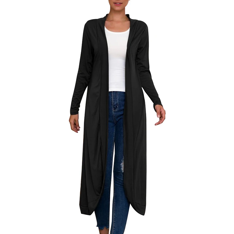 Модный женский осенне-зимний однотонный длинный тонкий кардиган с длинным