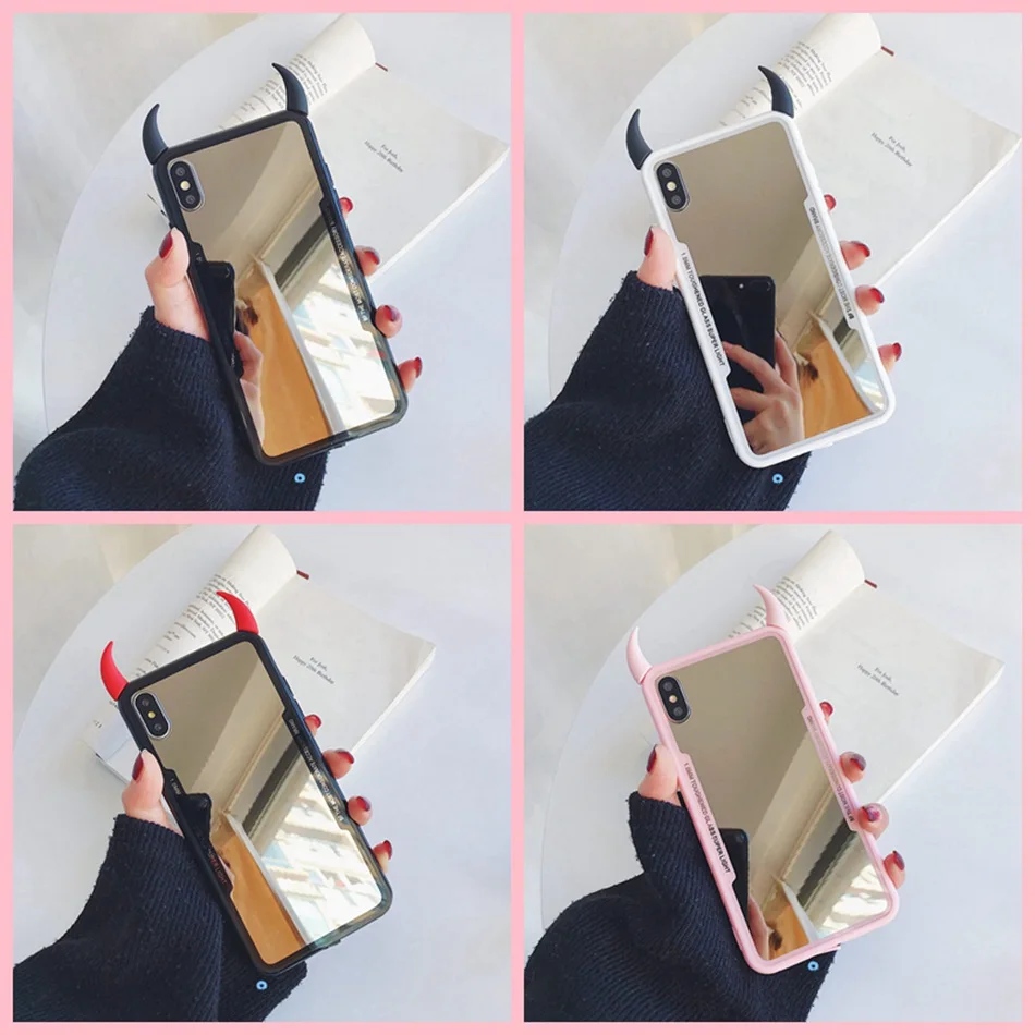 Чехол для iPhone 11 Pro Max, чехол для iPhone XR XS Max, милый 3D чехол с рогом дьявола для iPhone 7, 6s, 8 Plus, зеркальный карамельный чехол для телефона