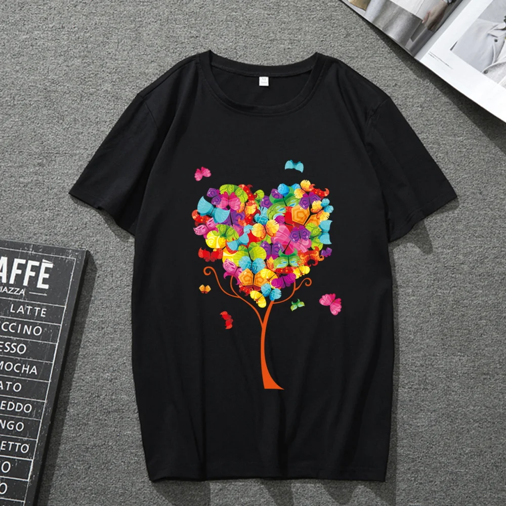 

T-shirt Men and Women Black Short-sleeved Heart-shaped Butterfly Print Tops Men and Women Japanese Commuter Breathable Top