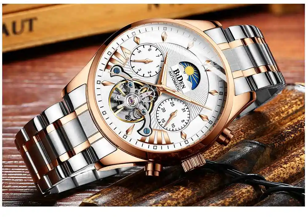 Роскошные Брендовые мужские автоматические механические часы BIDEN из нержавеющей