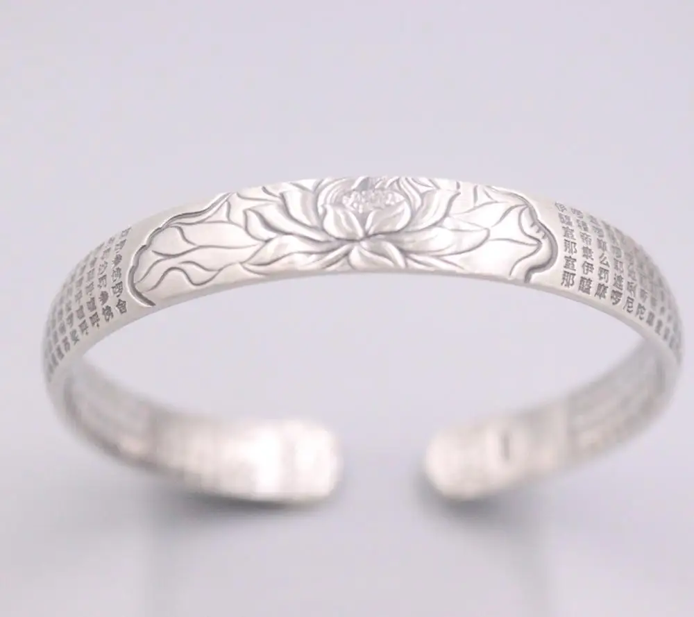 Браслет манжета из чистого серебра 999 пробы с цветком лотоса и буддистским