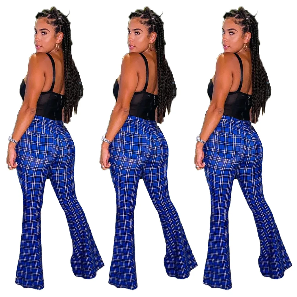 

Cutubly Pants for Women High Waist Casual Trousers Ladies Pant For Women Long Plaid Print Flare Streetwear New Fashion Pant 2021