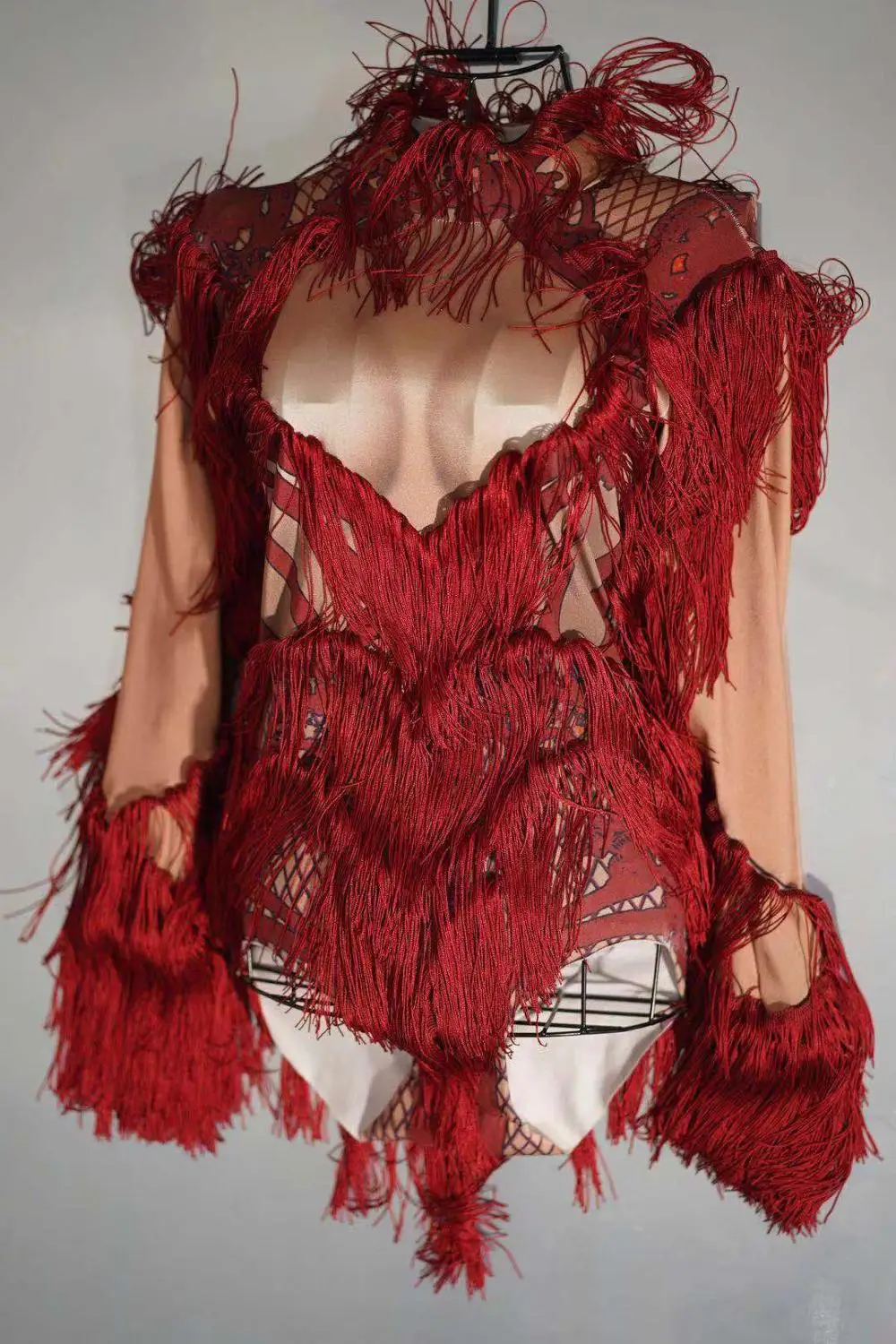 Elastic Long Sleeve Red Tassels Skinny Bodysuit New Year Valentine's Day Bar Club Dance Costume Nightclub Singer Fringe Leotard