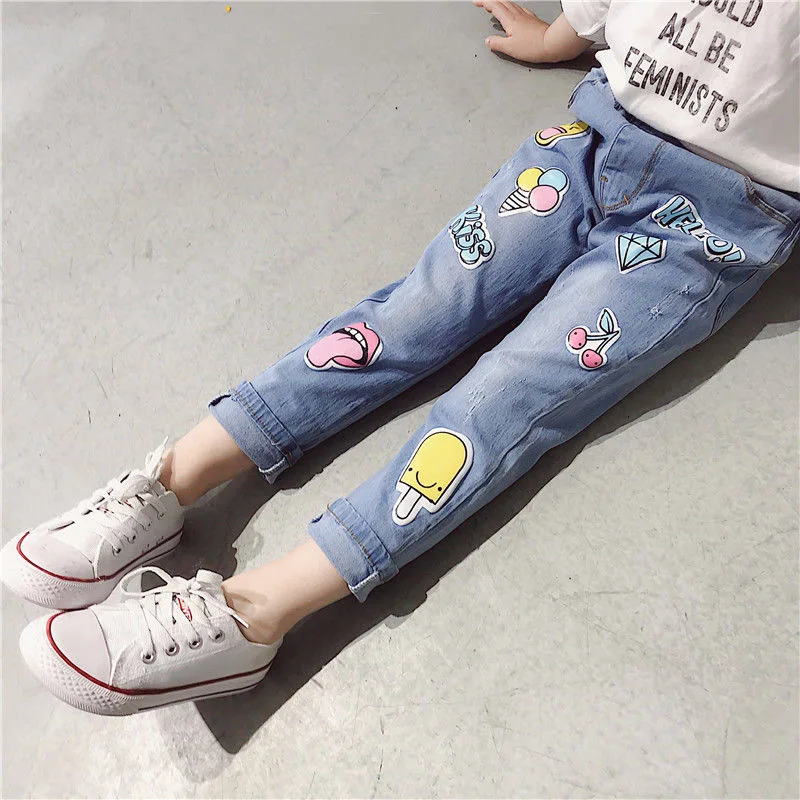 Джинсы для девочек детские весенние эластичные джинсы отдыха штаны с модным