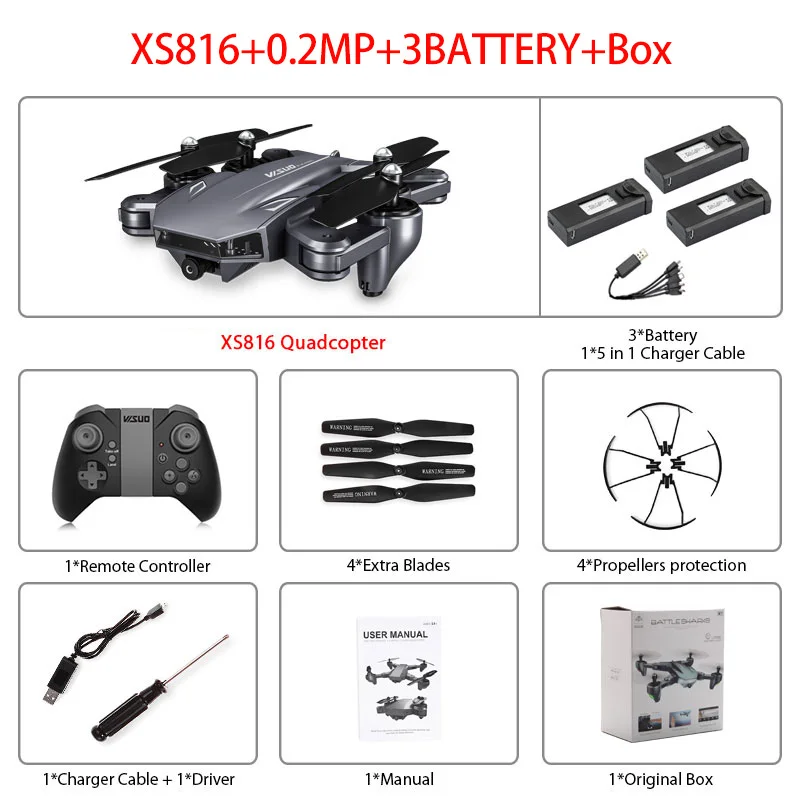XS816 Радиоуправляемый Дрон оптический поток 4K Дрон с двойной камерой Wifi FPV Дрон управление жестом вертолет Квадрокоптер для детей - Цвет: XS816 0.2MP 3B Box