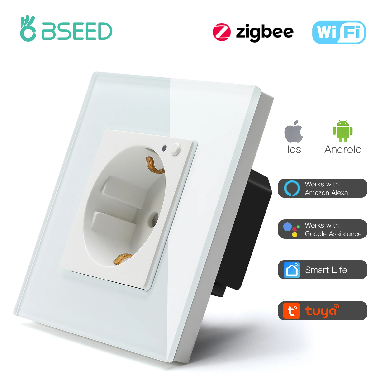 Bseed Russia EU Type Zigbee Smart Socket Wall Plug With Luxury Crystal Glass Panel 86mm Work Google Home Alexa Life | Обустройство