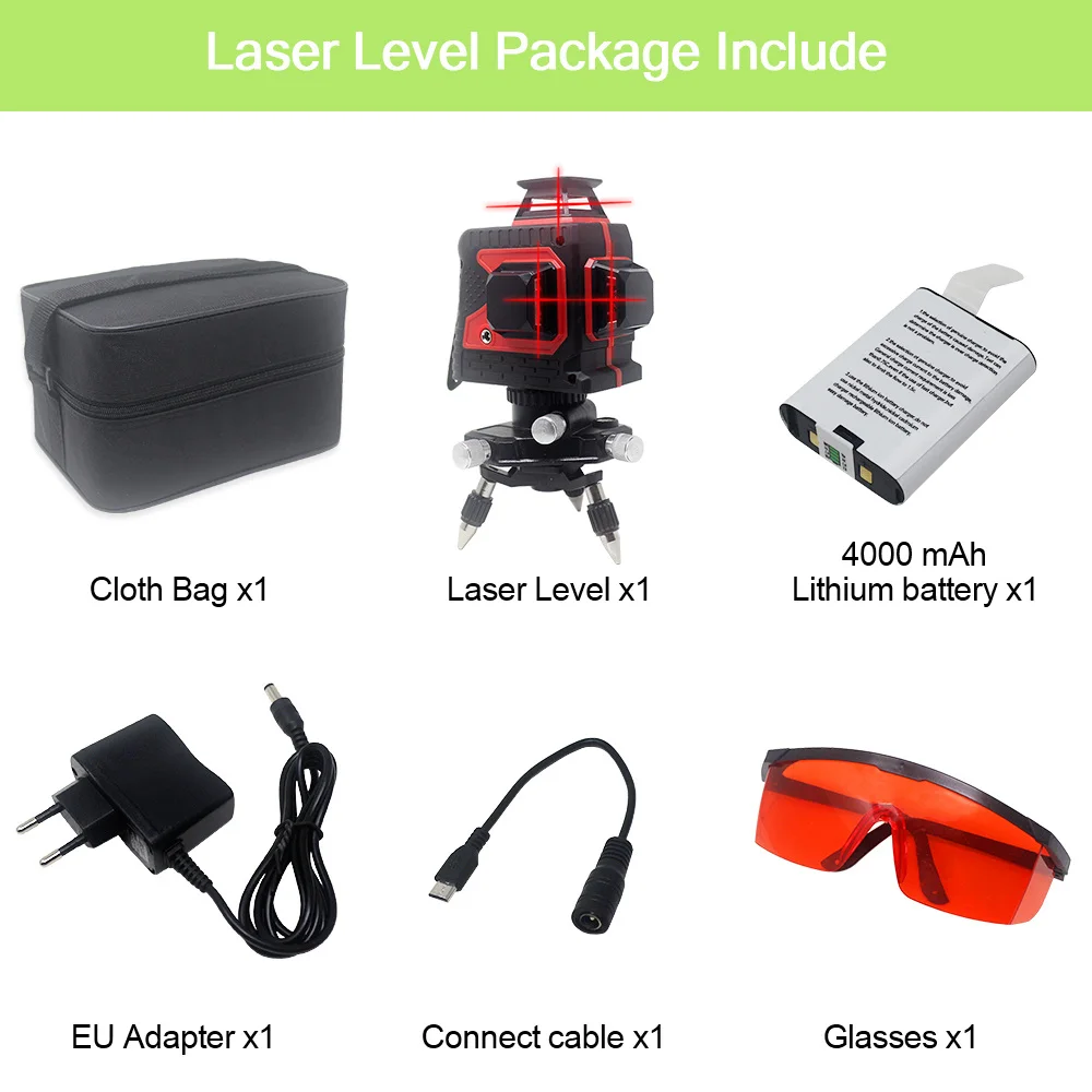 Red Laser Красный, зеленый, 12 линий, 3D лазерный уровень, 360 градусов, поперечный уровень, измерительные приборы для строительных инструментов со штативом - Цвет: Red Laser