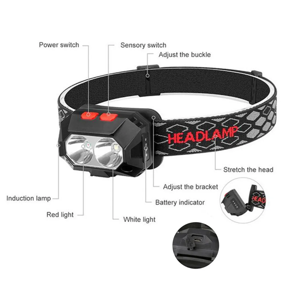 

Mini induction headlight with built-in battery USB charging red and white light headlamp camping lamp fishing lamp flashlight