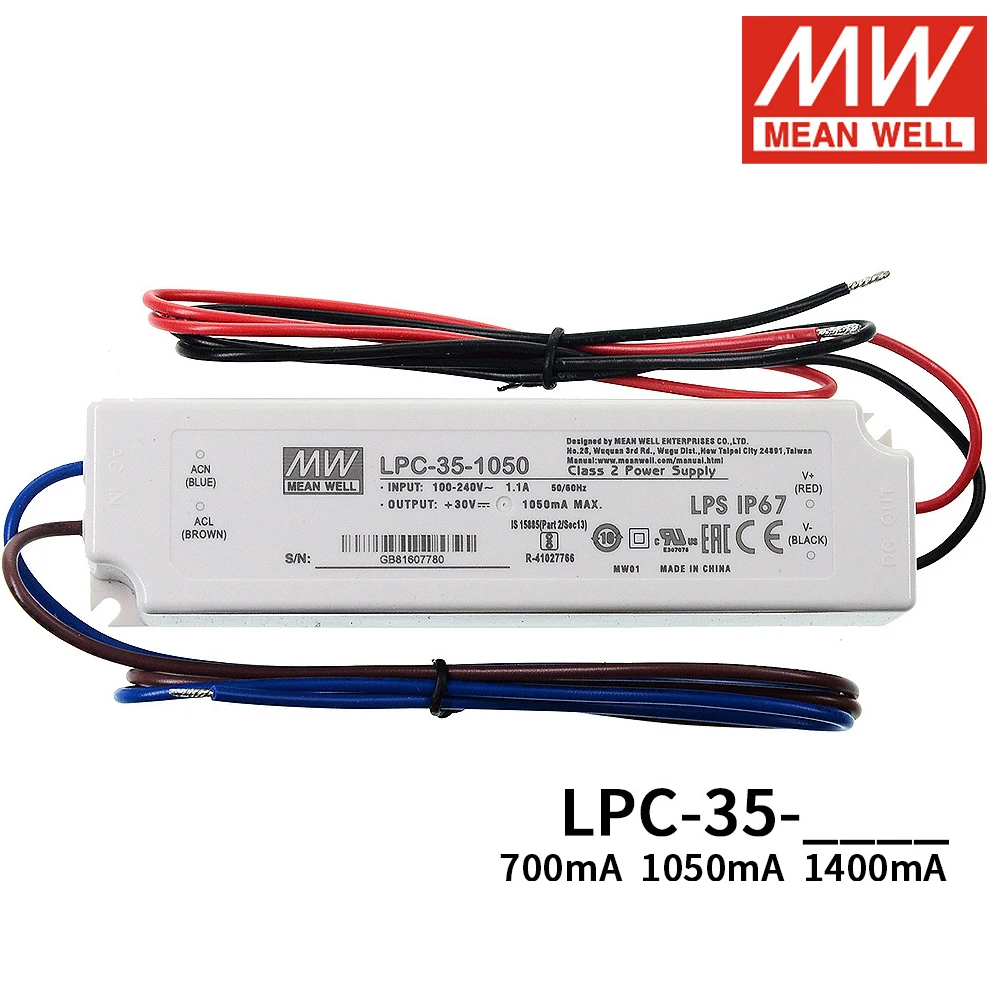 

MEAN WELL LPC-35 35W 700mA 1050mA 1400mA 35W Single Output Switching Power Supply IP67 Outdoor LED Driver LPC-35-1400 LPC-35-700