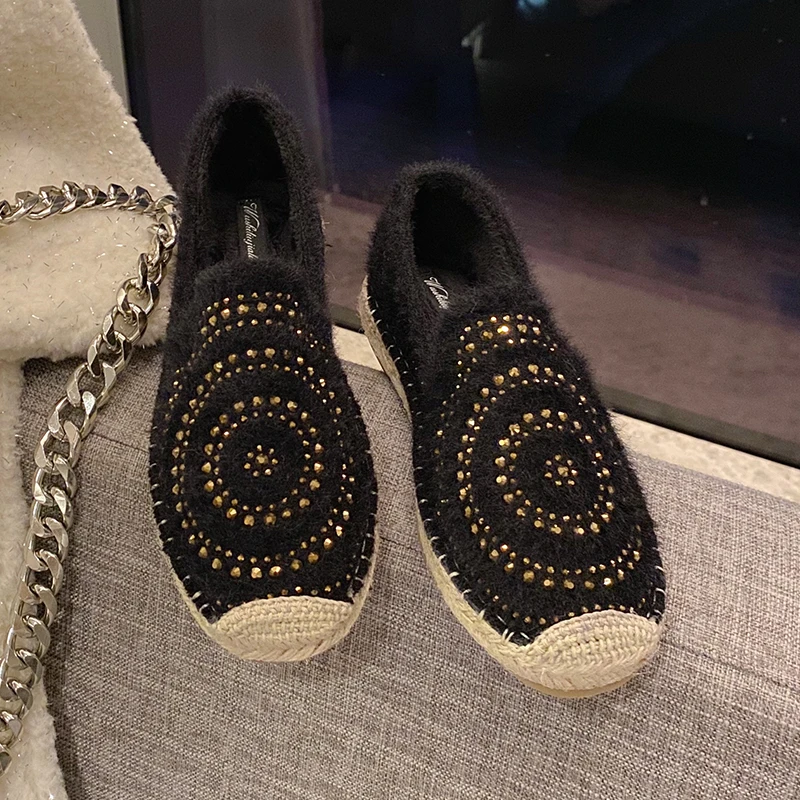 91Black Fashion Hemp Loafers Women Espadrilles Flats Shoes Sewing Rhinestone Round Toe Ladies Casual Moccasins Slip On Brand Style New - Цвет: 91Black