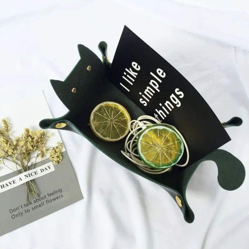 Кожаный лоток для хранения в форме кошек милый поднос ключей монет макияжа с